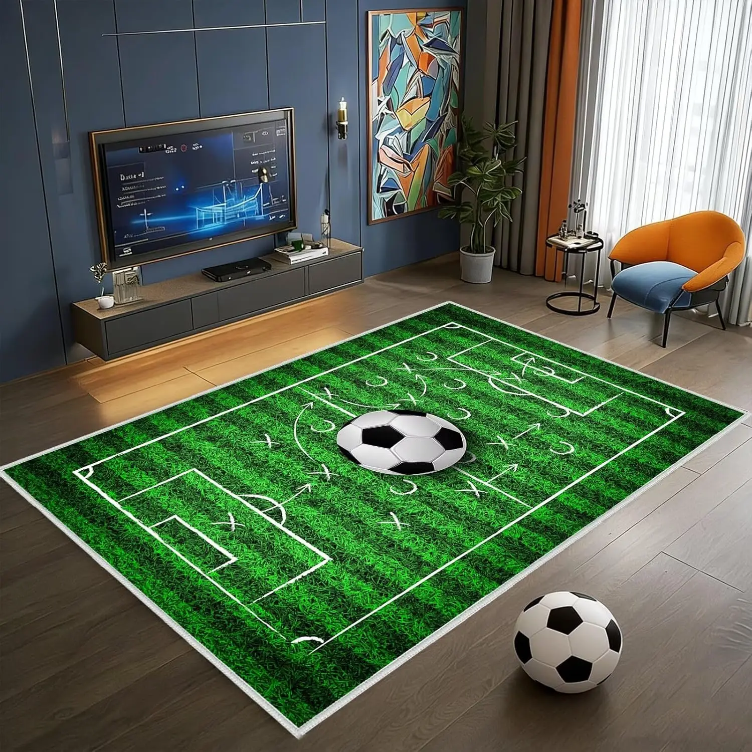 Football Pitch Rug, Simulated Turf Court Layout Print, Non-Slip Washable Soft Mat for Bedroom Room Game Room Indoor Decor