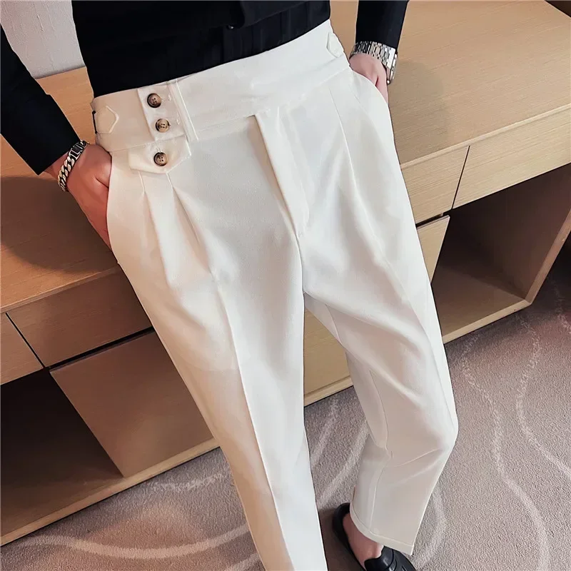 Pantalones de vestir de cintura alta de estilo británico para hombre, pantalón informal de Color sólido, traje Formal ajustado, ropa de moda, otoño,