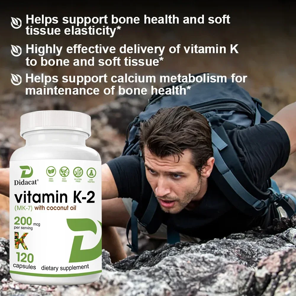 Vitamina K2 (MK-7) com óleo de coco 200MCG Cápsulas de vitamina não OGM, vegana, natural, sem glúten, metabolismo de cálcio, saúde óssea