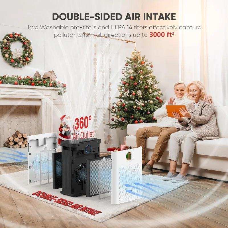 أجهزة تنقية الهواء للمنزل مع أجهزة تنقية الهواء للمنزل وغرفة كبيرة مع مرشحات مسبقة قابلة للغسل حتى 3000 قدم، مدخل هواء مزدوج