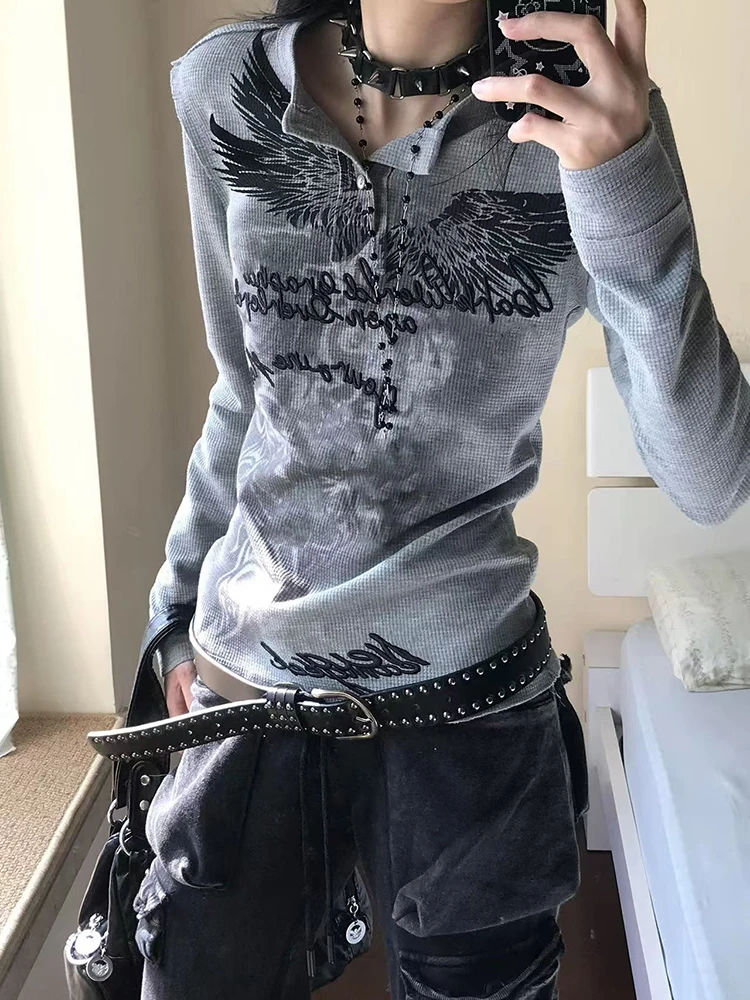 Japanese Gothic Slim T Shirt for Women Y2K Spring Fashion Subculture Long Sleeve Base Tops Harajuku Tights Printing Tees Mujer