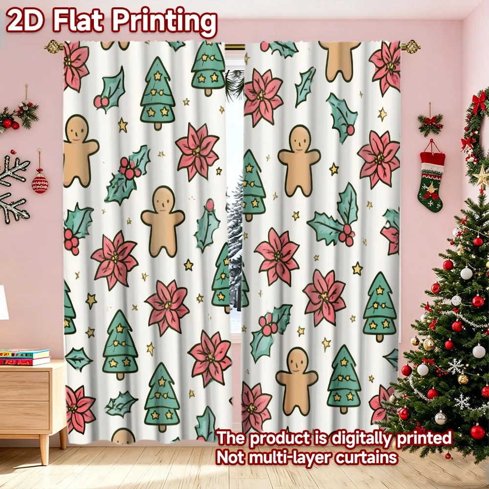 2D flat printing 2pcs Popular Christmas Curtains Christmas Gingerbread and Trees Digitally printed polyester, colorfast Festive
