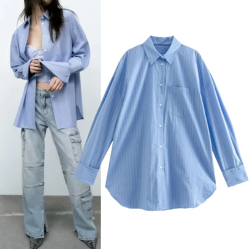 

Faionable Striped Loose Collar Women's irt 84WMDR R5365 Versatile Sle Long Sve Regular Length Other Material