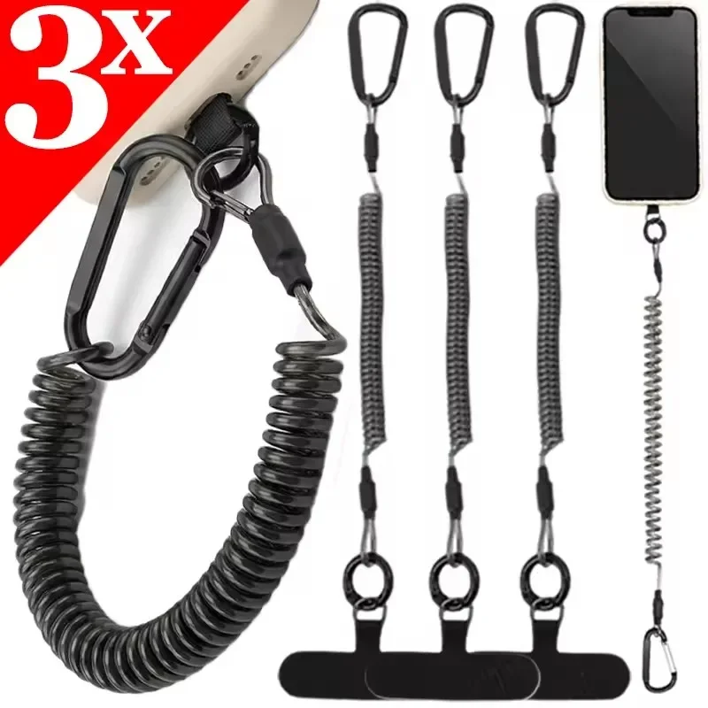 Diebstahlsichere, flexible Handykordel mit Patch, Federkabel, Sicherheits-Anti-Diebstahl-Ausziehleine, Handgelenksband mit Schlüsselring und Karabiner