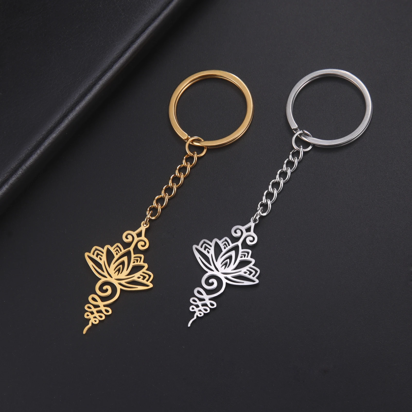 Skyrim Unalome Lotus Flower Car Keychain Yoga Buddhism Pendant Keyring Stainless Steel Vintage Spiritual Accessories Friend Gift