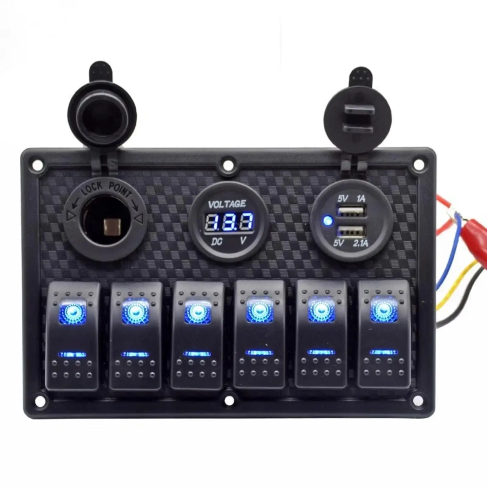 Boat Switch Panel 12V Waterproof 6 Gang Marine Rocker Switches with Round Voltmeter Cigarette Lighter Socket for Yacht