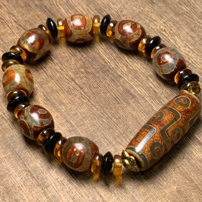 Agate Heavenly Beads with Three Eyes and Nine Eyes, Tibetan Jade Marrow Buddha Beads Bracelet, Ethnic Men's and Women's Bracelet