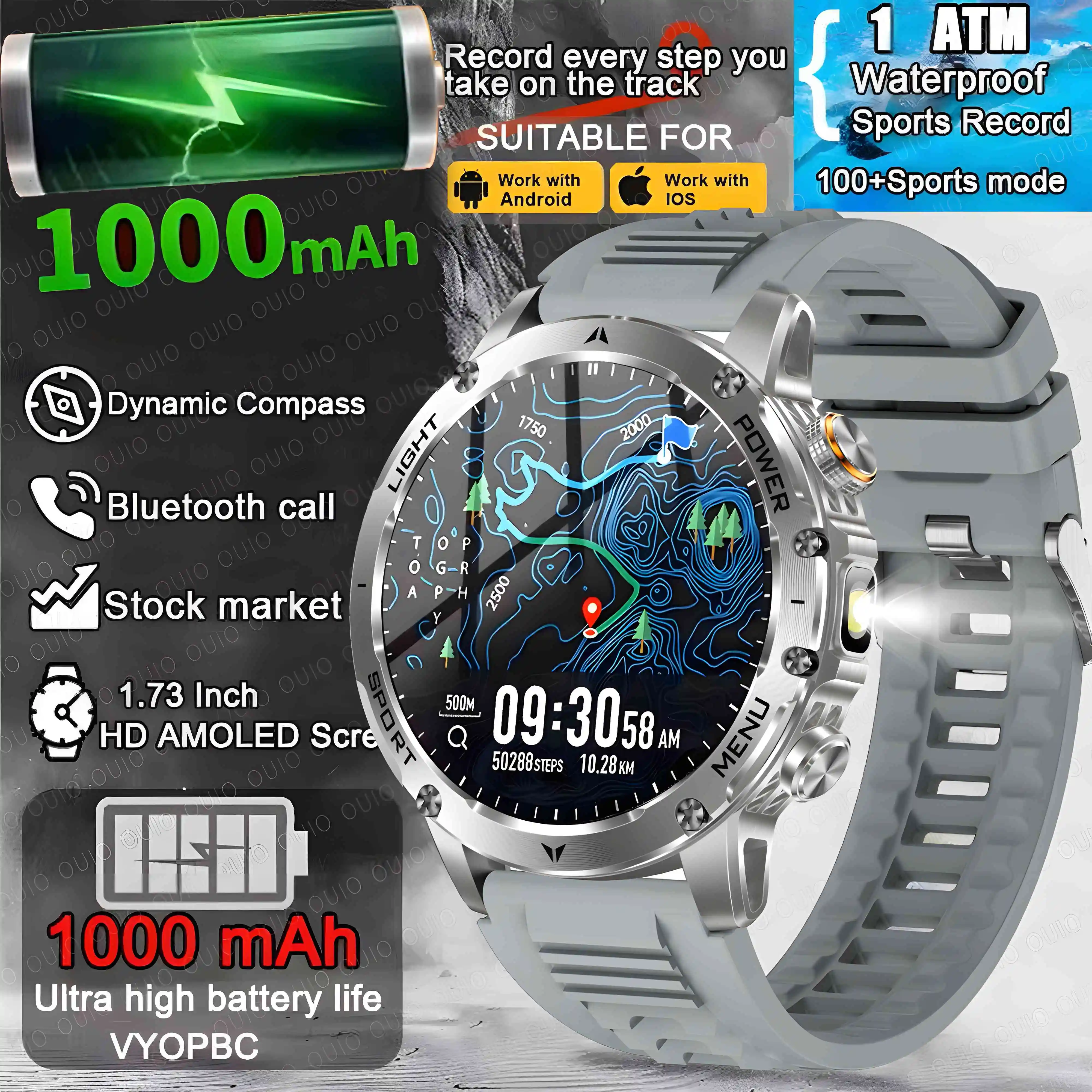 

For HUAWEI 1000mAh Super Large Battery Smart Watch Outdoor Military 1.70" AMOLED Men IP68 3ATM Waterproof BT Call Watch 2025 New