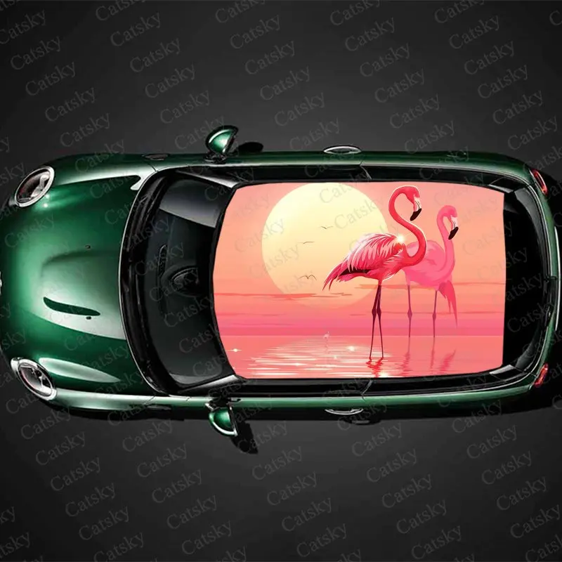 

Full Moon Flamingo Print Car Roof Sticker Wrap Racing SUV Auto Accessories Packaging PVC Car Hood Graphic Decal Decoration