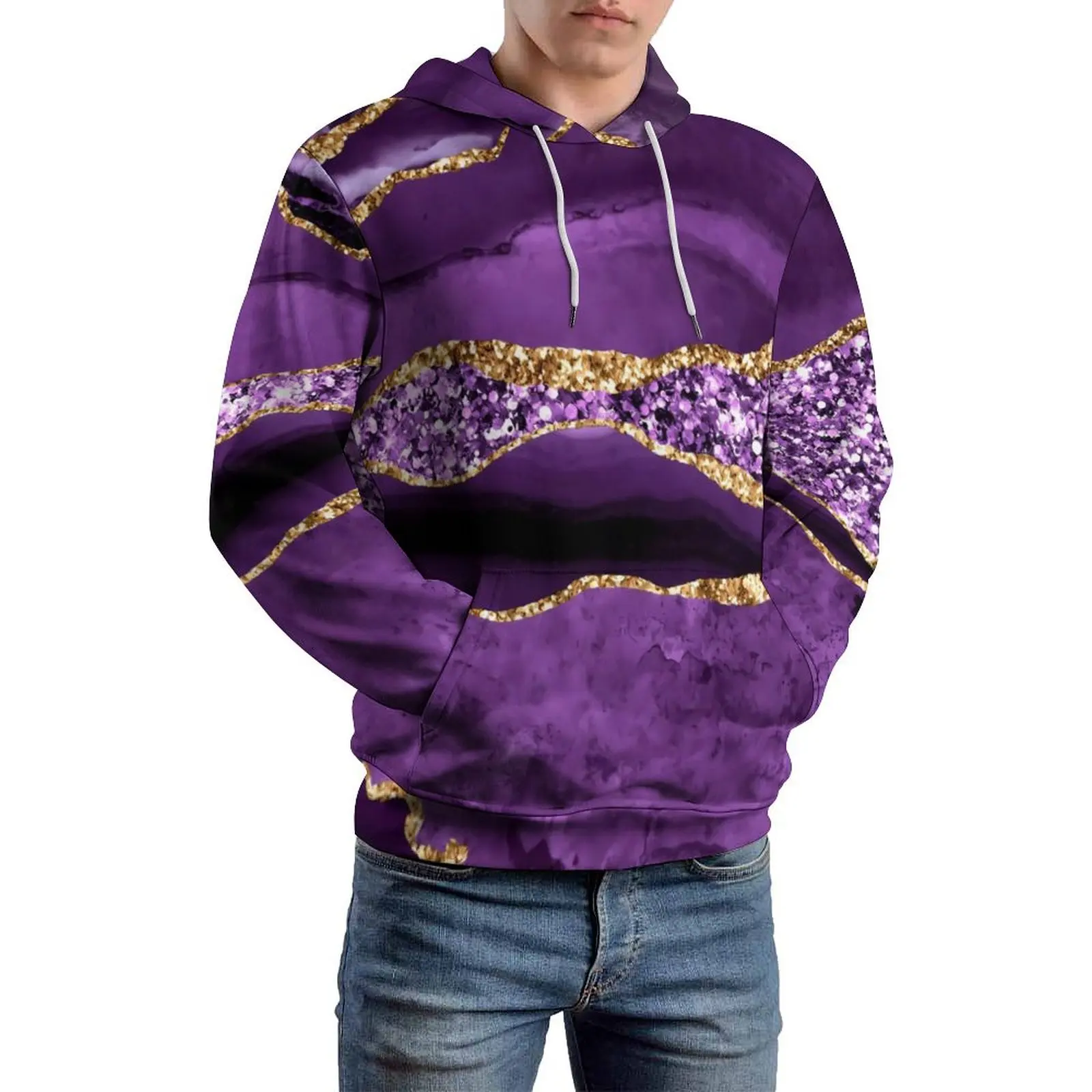 Marble Print Loose Hoodies Purple And Gold Classic Hoodie Unisex Long Sleeve Y2k Custom Hooded Sweatshirts 4XL 5XL 6XL