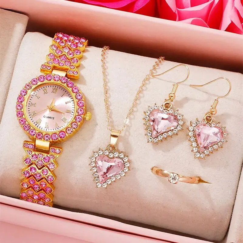 Women Luxury Watches Pink Quartz Wrist Watch Ladies Round Casual Simple Watch Ring Necklace Earring Rhinestone Set Female Clock