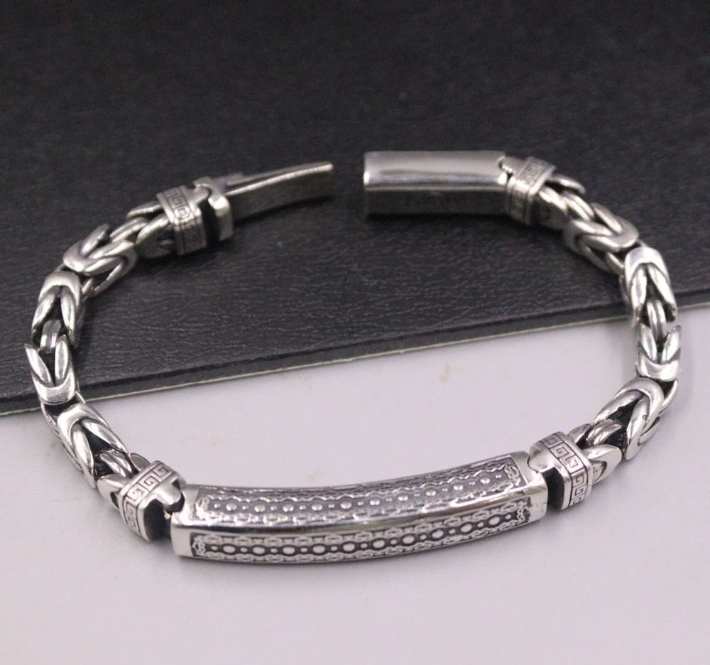 

Real Solid 925 Sterling Silver Chain Men Lucky Byzantine Carved Tube ID Bracelet 30g/18cm