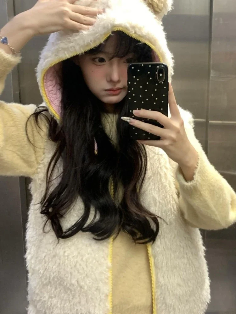 Y2k Estético Casual Casacos Sem Mangas Harajuku Mulheres Zíper ​ ​ Casaco de lã de cordeiro com orelhas de urso fofas jaqueta colete com capuz
