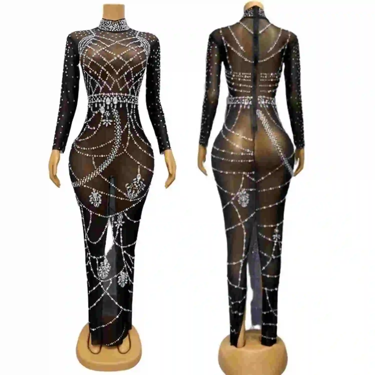 

Sparkly Silver Rhinestone Black Mesh Evening Gown Women Sexy High-end Long Dress Party Elegant Long Sleeved Skinny Dress Gualian