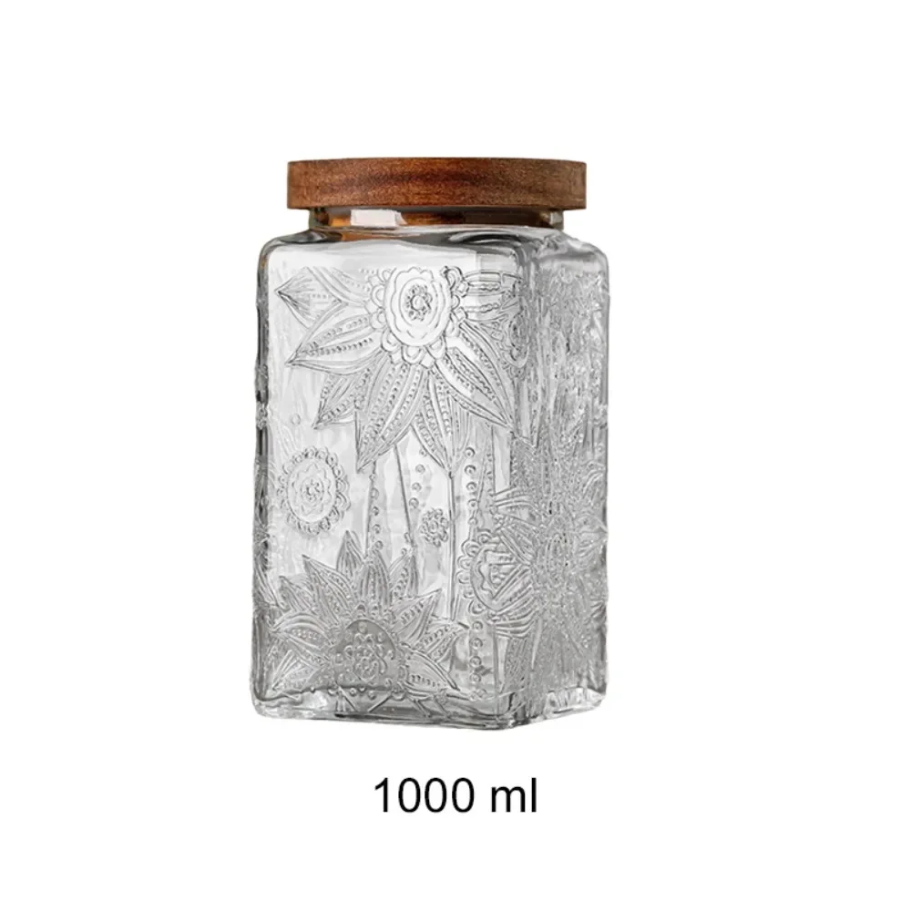 Household Vintage Embossed Glass Storage Jar Square Wood Lid Mason Jar Moisture-proof Sealed Grains Storage Box Coffee Bean