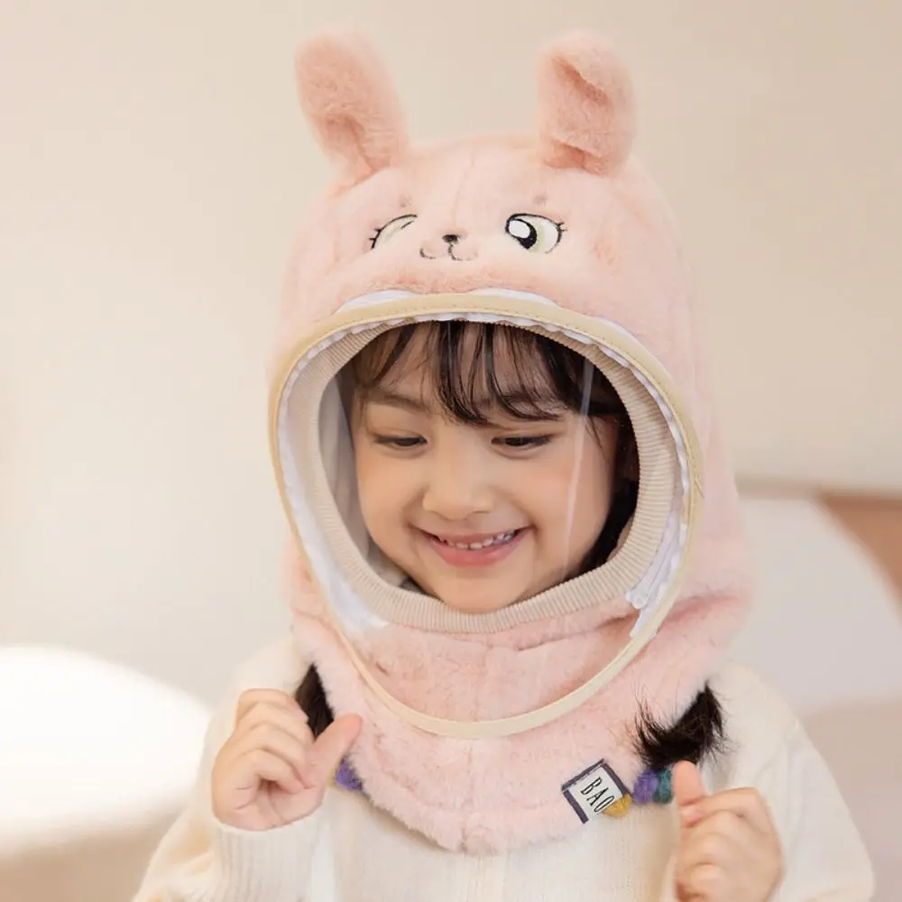 Cartoon Kids Mask Integrated Hat Full Face Mask Windproof Head Caps with Face Shields Thickened Detachable Children's Hats Girls