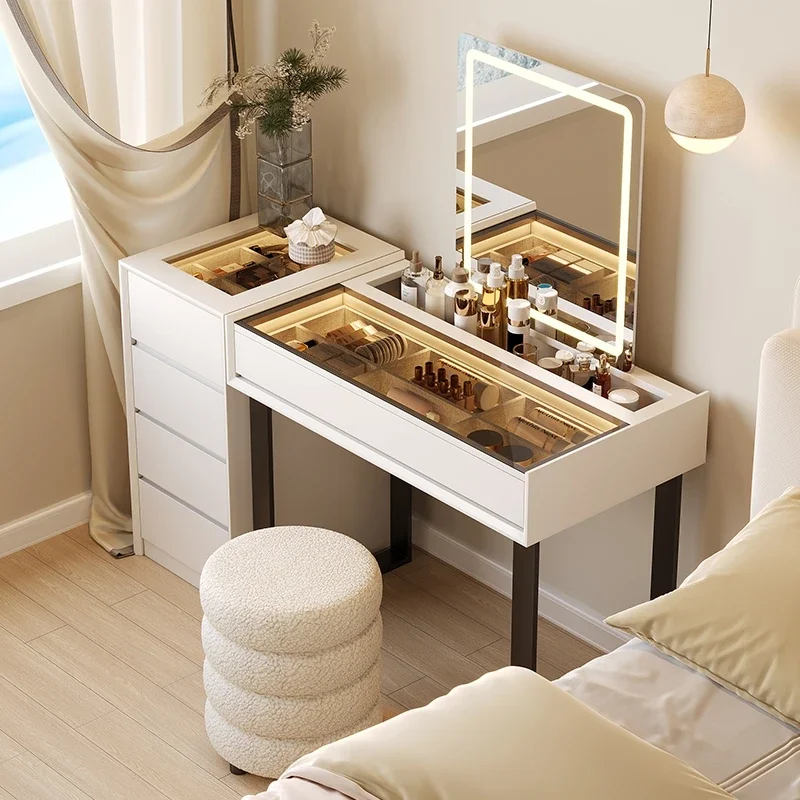

Mirror With Lights Nightstand Woman Dressing Table Makeup Chair Wooden Storage Vanity Tocador De Maquillaje Bedrooms Furniture