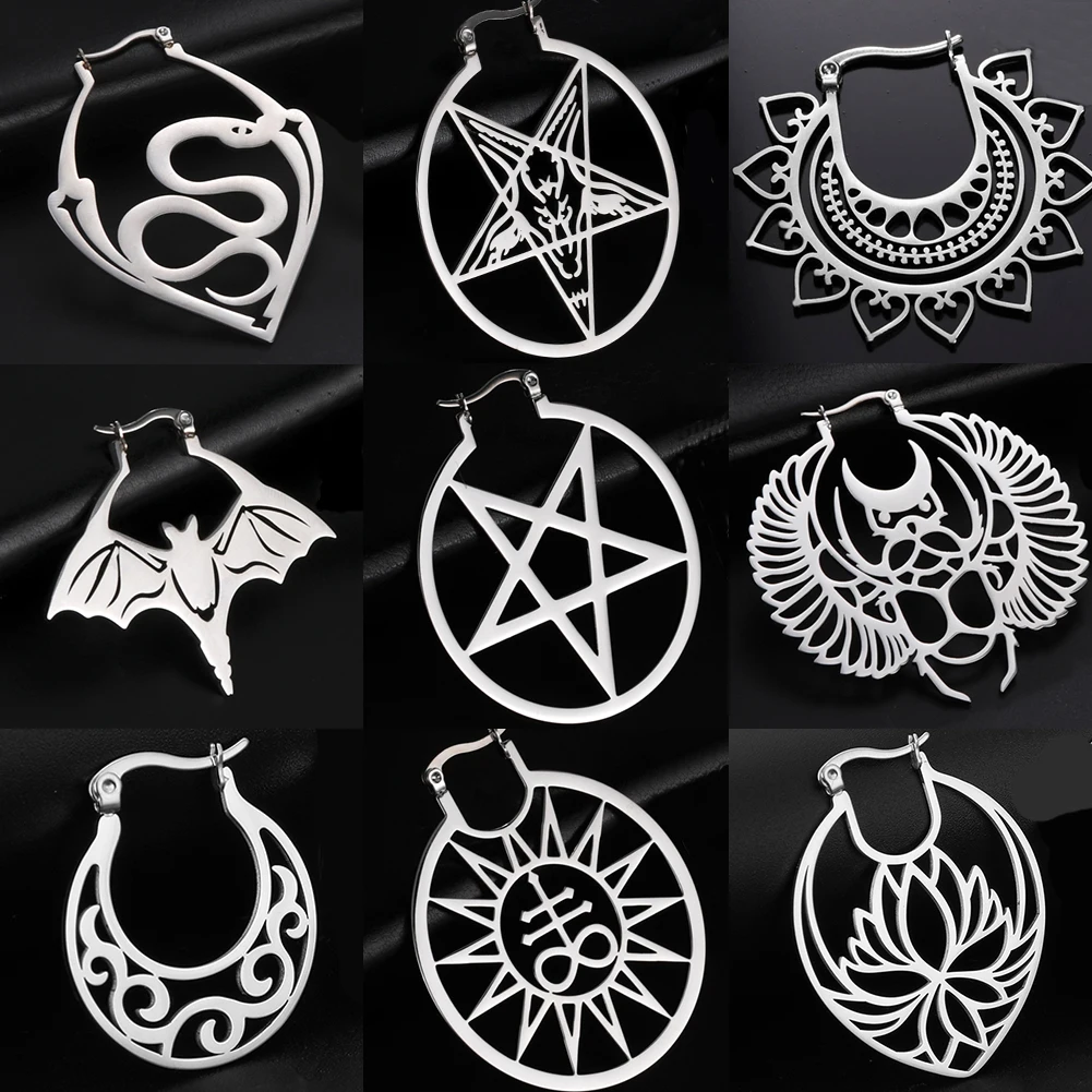 Gothic Goth Stainless Steel Hoop Earrings for Women Compass Snake Bat Pentagram Satanic Earrings Wicca Amulet Vintage Jewelry