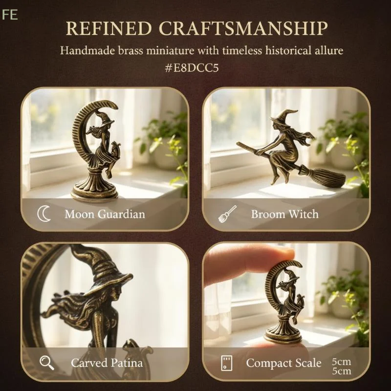 [F] Brass Crescent Moon Witch Cat Statue Gothic Mini Figurine Elegant Small Ornament For Living Room Coffee Table Decor 1PC