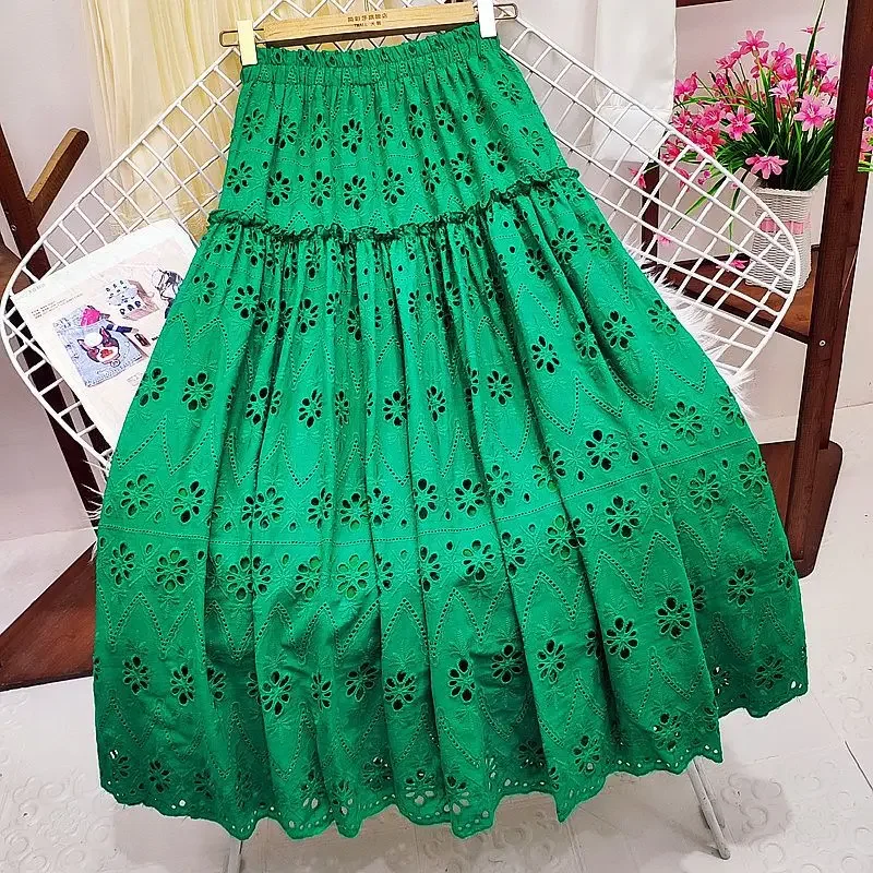 

Hollowed Out Embroidery Skirt Women's Spring Summer High-Waisted All-Matching Slim Pleated Skirt Mid-Length A-Line Skirt E2351