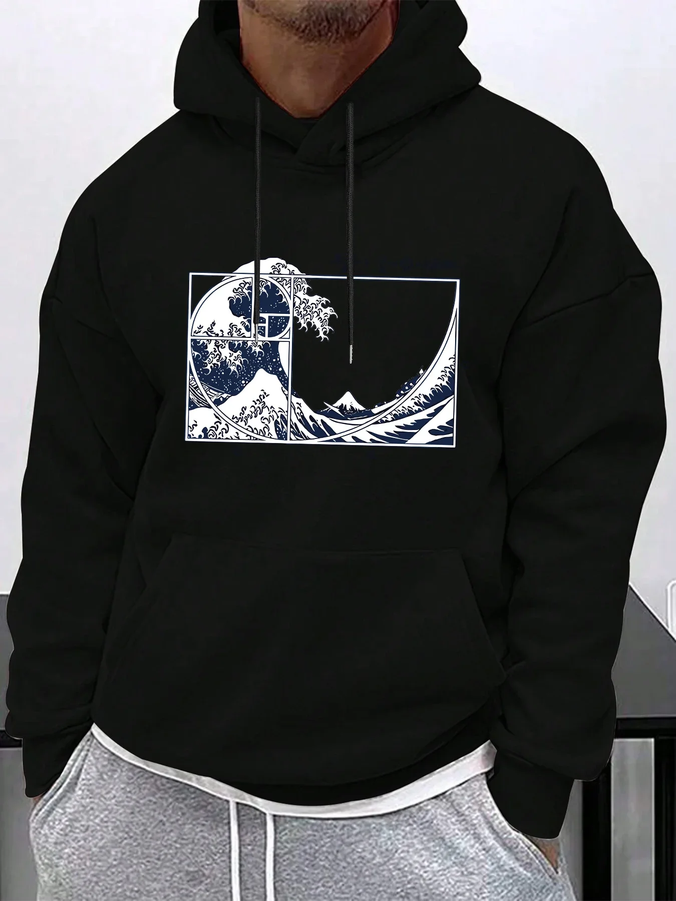 Men's Oversized Hoodie Japanese Ukiyo-e The Great Wave Golden Ratio Frame Front Chest Print Oriental Street Pullover Sweatshirt