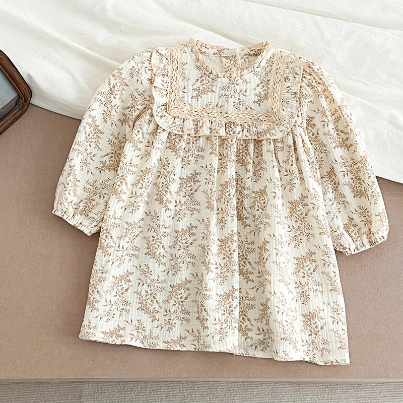 1-6Years Girls' Dress Floral Print Lace Girls' Cotton Dress 2026 Autumn New Flower Long Sleeved Sweet Children's Princess Dress