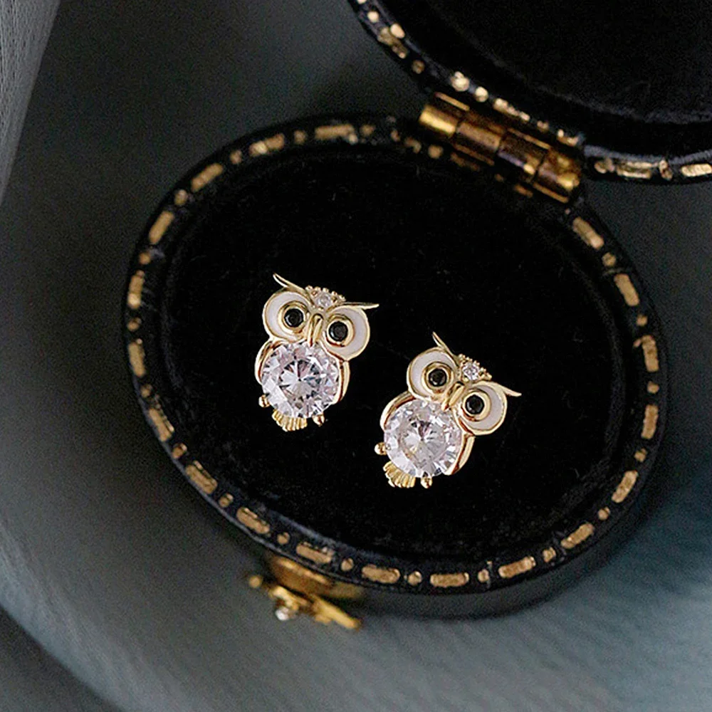 Huitan Gold Color Owl Stud Earrings Funny Cute Night Owl Earrings Women for Dance Party Cute Gift Luxury CZ Ear Jewelry