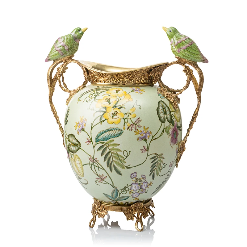 ZH Modern Simple Pastoral Peacock Bird White Ice Crack Ceramic Flower Vase Decorative Ornament