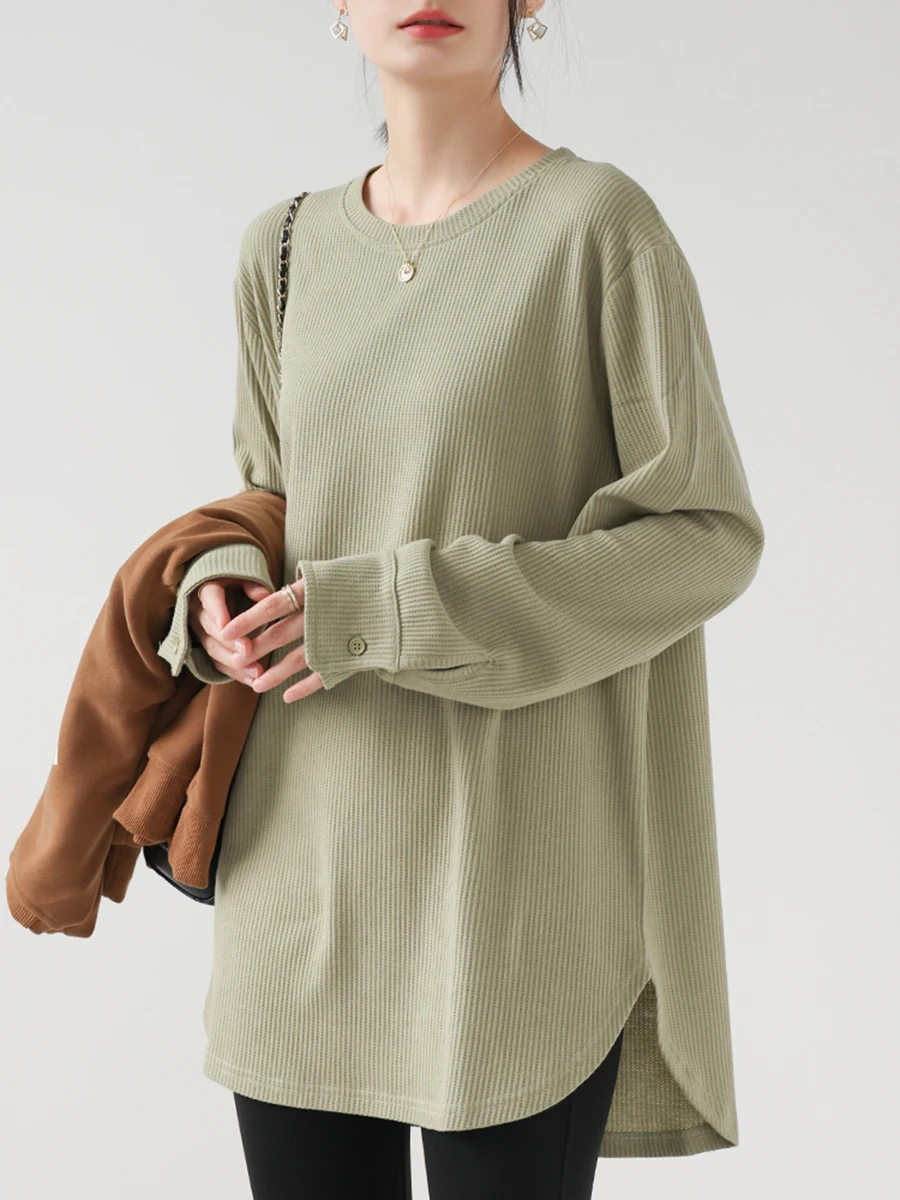 Unique Women's Long Sleeve Base Shirt Inner Wear T-Shirt plus Size Mid-Length Butt Covering Fashionable Top Daily Wear