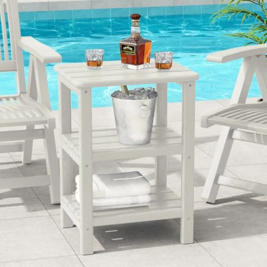 

3-Tier Outdoor Side Table for Backyard Garden Balcony Retro White HDPE Adirondack End Table Rectangular Patio Table with Rust-R