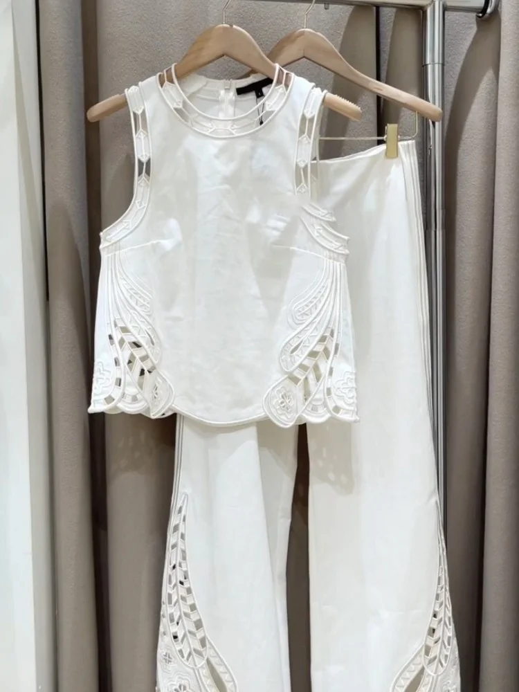 New Luxury High End Summer Women's Two Piece Set Fashion Hollow Out O-neck Sleeveless Top + Straight Pants White Elegant Outfit