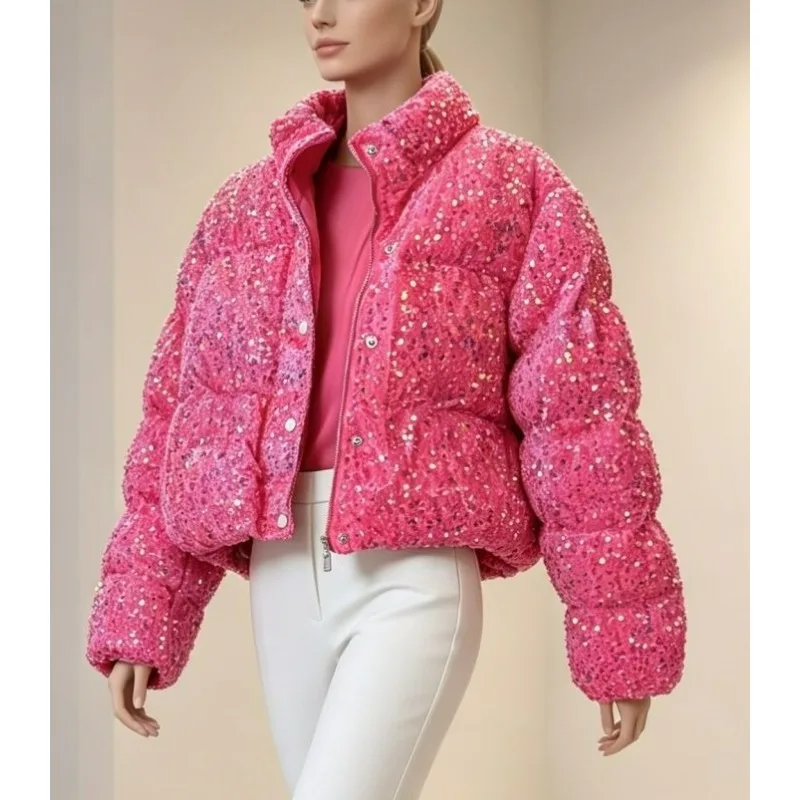 Pink Sequined Cotton-padded Jacket Versatile Fashionable  Style Cotton-padded Jacket, Is Stylish, Fashionable and High-end Coat