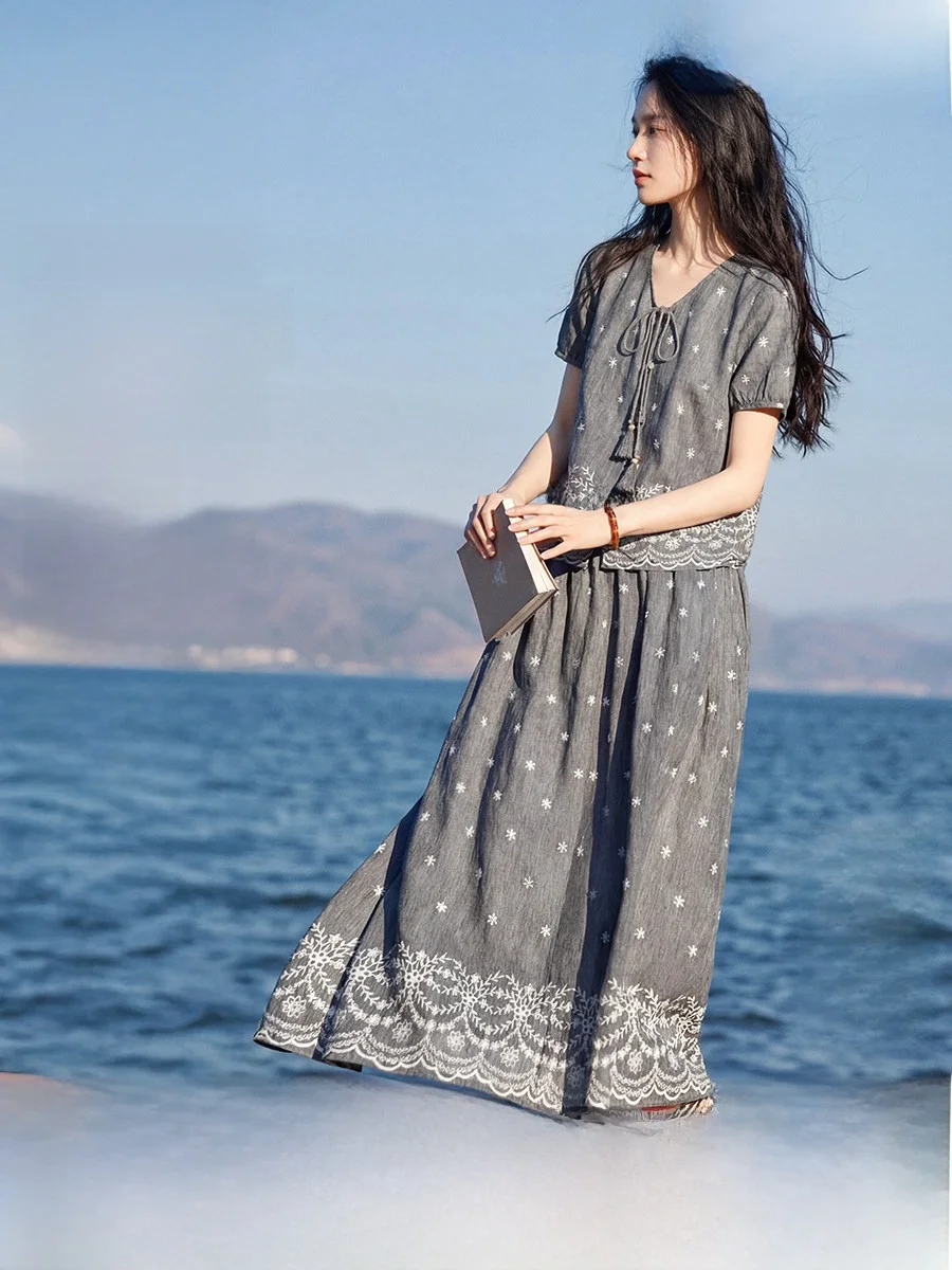 

XWI Grey Linen Rayon Halter Neck Skirt Set Women Summer Beach Vacation Fashion High Waist Floral Print Breathable Short Sleeve