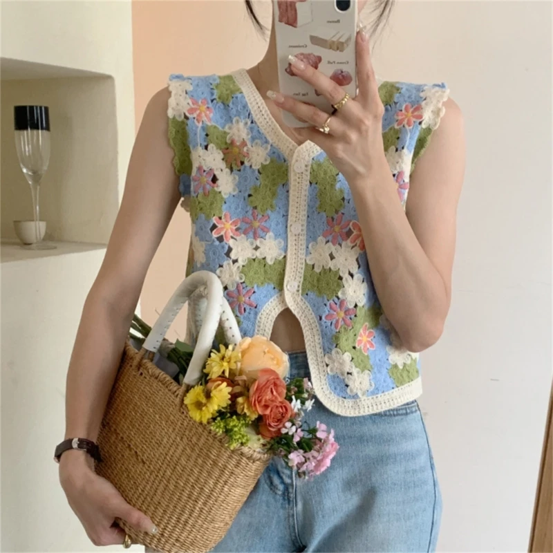 Women Button Up Cropped Vest Crochet Knit Floral Sleeveless Waistcoat Cardigan