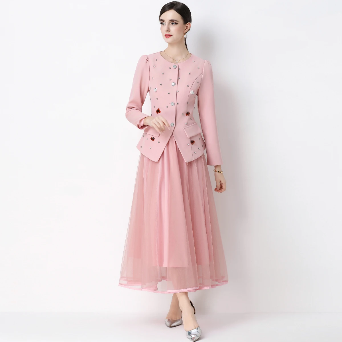 

Elegant Office Lady 2 Piece Skirt Suits Women Long Sleeve Beaded Belt Blazer And A-Line Maxi Skirt 2pcs Sets 2026 Spring Outfits