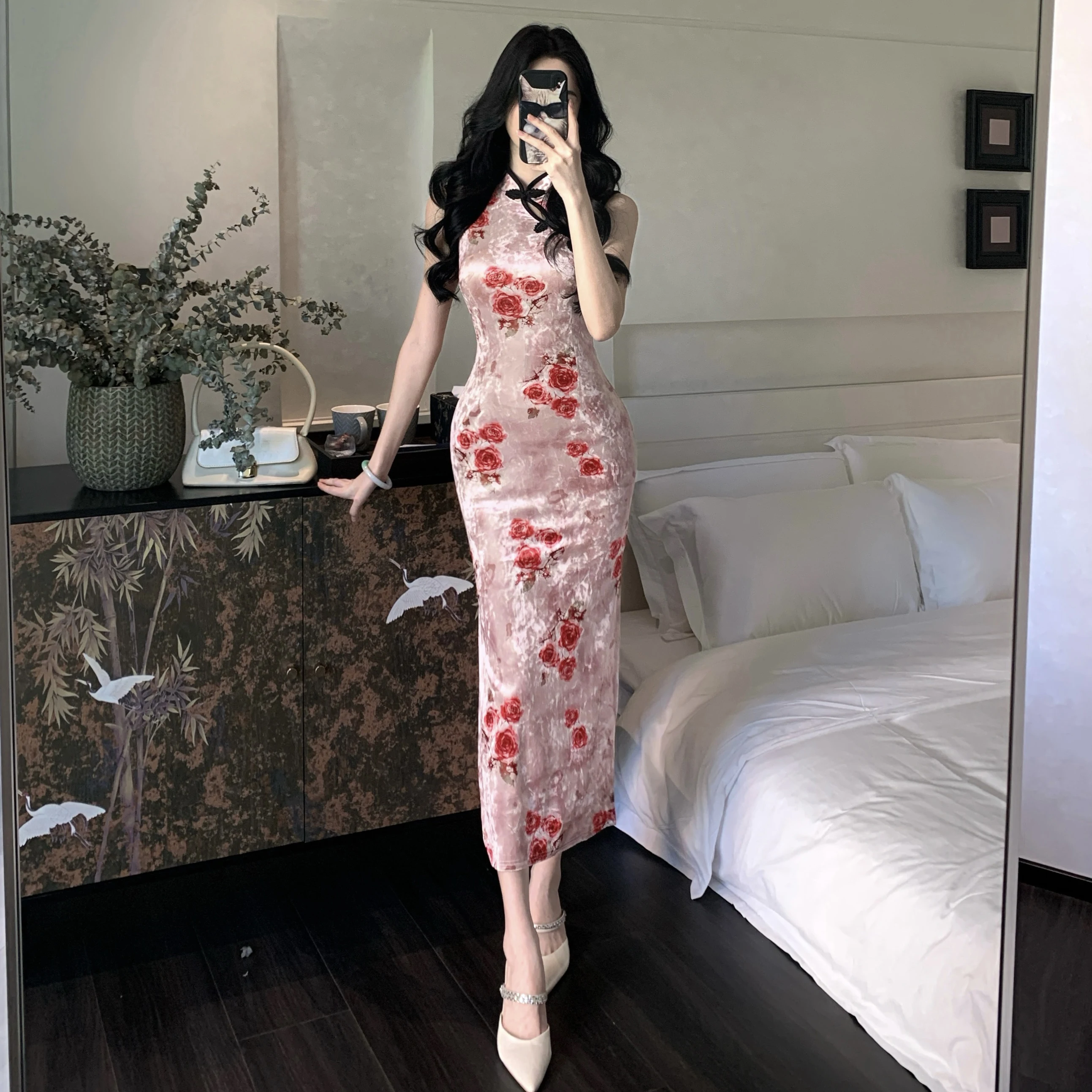 New Chinese Sle Velvet Print Svel Double Slit Bodycon Dr Long Evening Gown High Waist Flag Robe for Young Girls