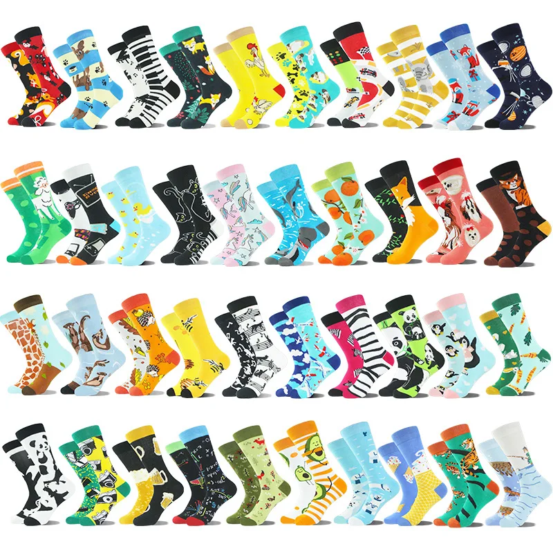 Men Series Cotton Crew Socks Funny Daily Happy Cartoon Creative AB Asymmetric Hip Hop Crew Chaussette Unisex Skateboard