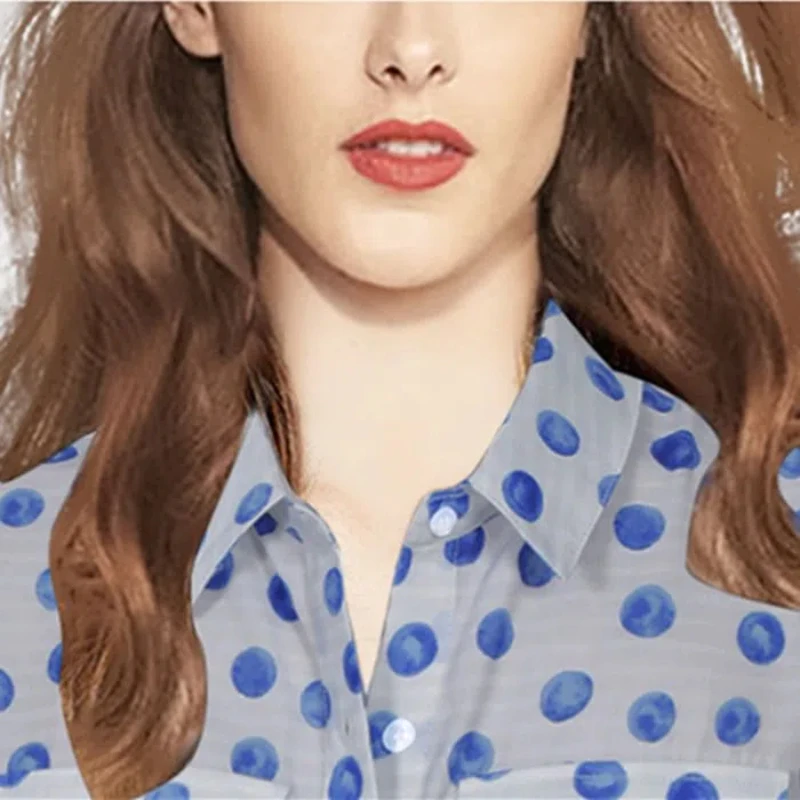 2024 Women\'s Summer New Spliced Polo Collar Button Printing Polka Dot Pocket Fashion Loose Casual Long Sleeve Blouses Shirts