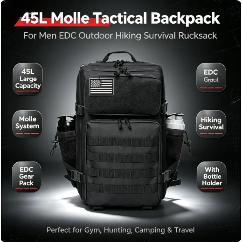 Men 45L Molle Tactical Rucksack, Outdoor Hiking Survival Backpack, EDC Gym Hunting Bag With Water Bottle Holder