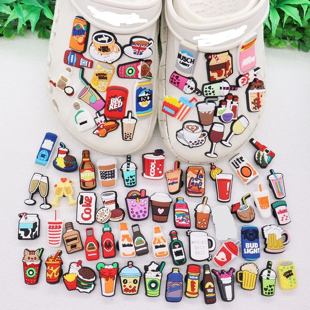 Mix 100pcs PVC Shoe Charms Fit Wristband Drinks Wine Beer Cool Champagne Milk Tea Hamburger Donut Milk Sandals Shoes Decoration