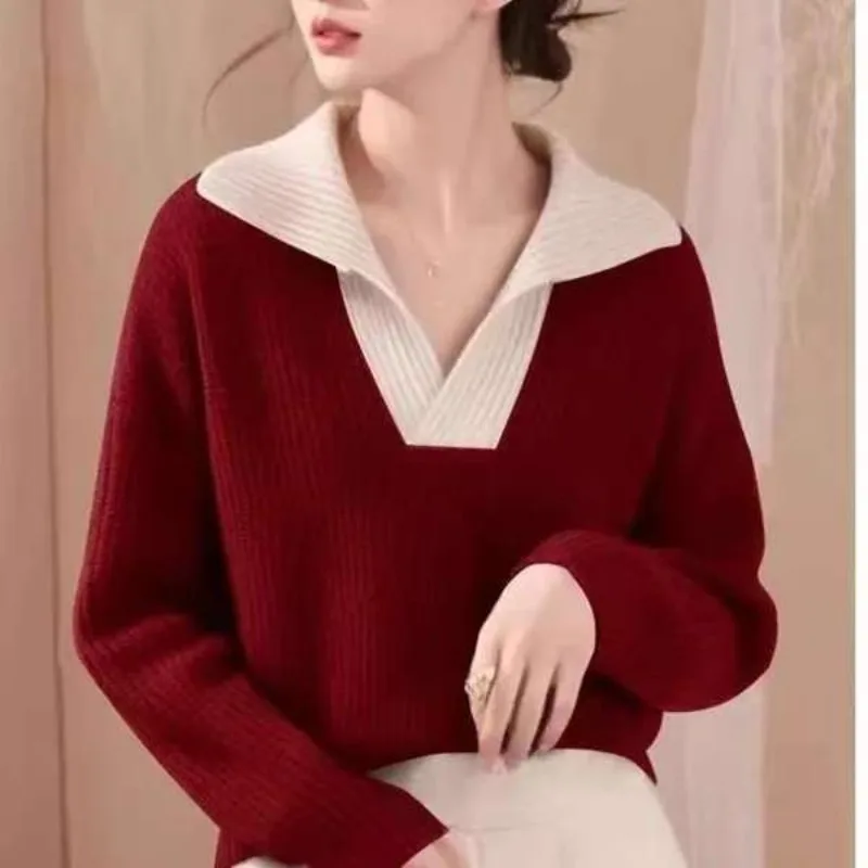 2025 Large Lapel Women's Sweater Color Clashing Knitwear Thicken Top Lazy Loose POLO Collar Comfortable Intercolor Pullover