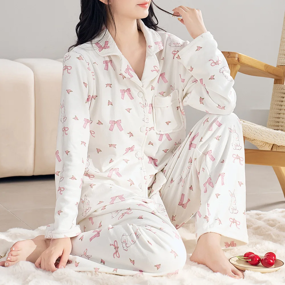 Autumn Winter Warm Island Velvet Bow Print Sweet Girl\'s Pajamas Long Sleeve Trousers Sleepwear 2 PCS Nightwear Home Clothes