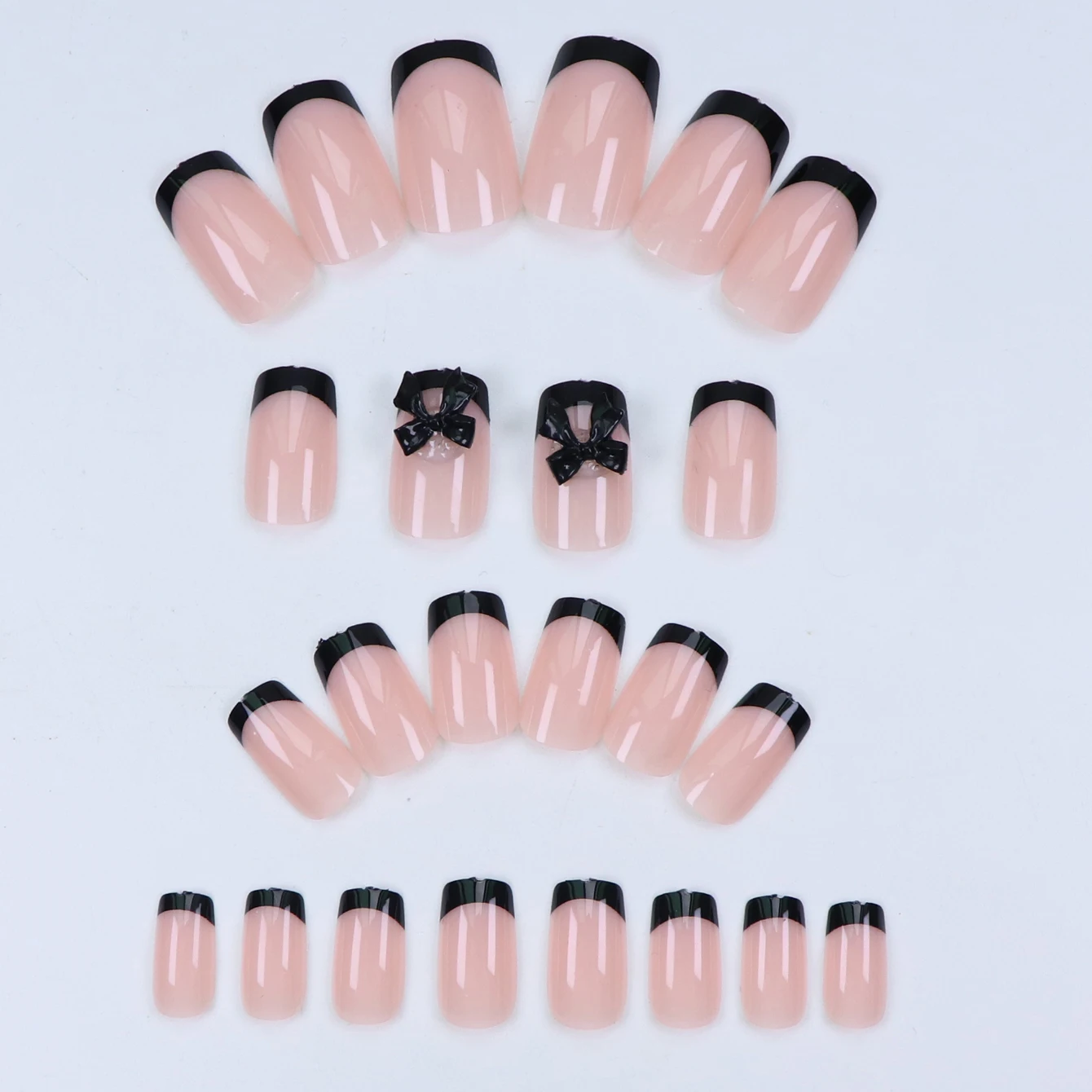 24pcs Press on Nails Short Almond Bowknot Black Press on Nails White Pearl Sweet French Tip Press on Nails Cute Nail Artificial