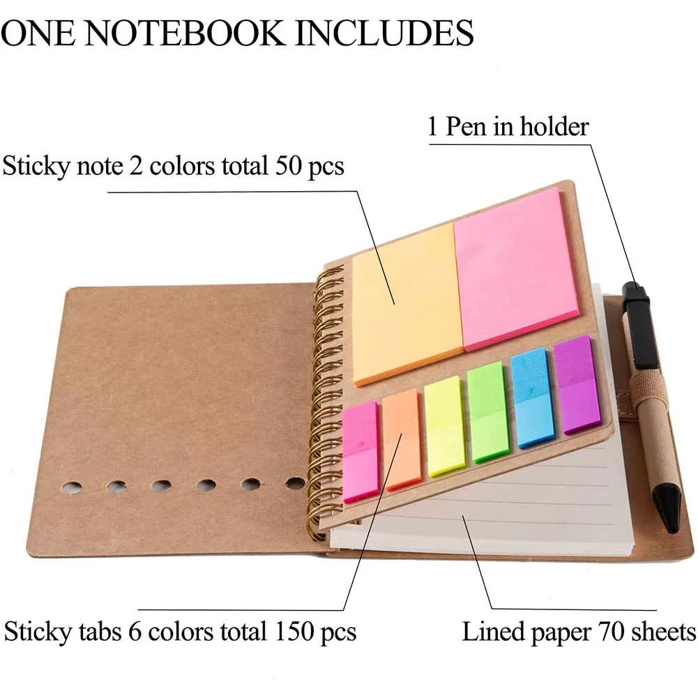 3 แพ็คโน้ตบุ๊คเกลียว Steno Pads เรียงราย Notepad พร้อมปากกาผู้ถือ, Sticky Notes, Page Marker สีแท็บดัชนีธง