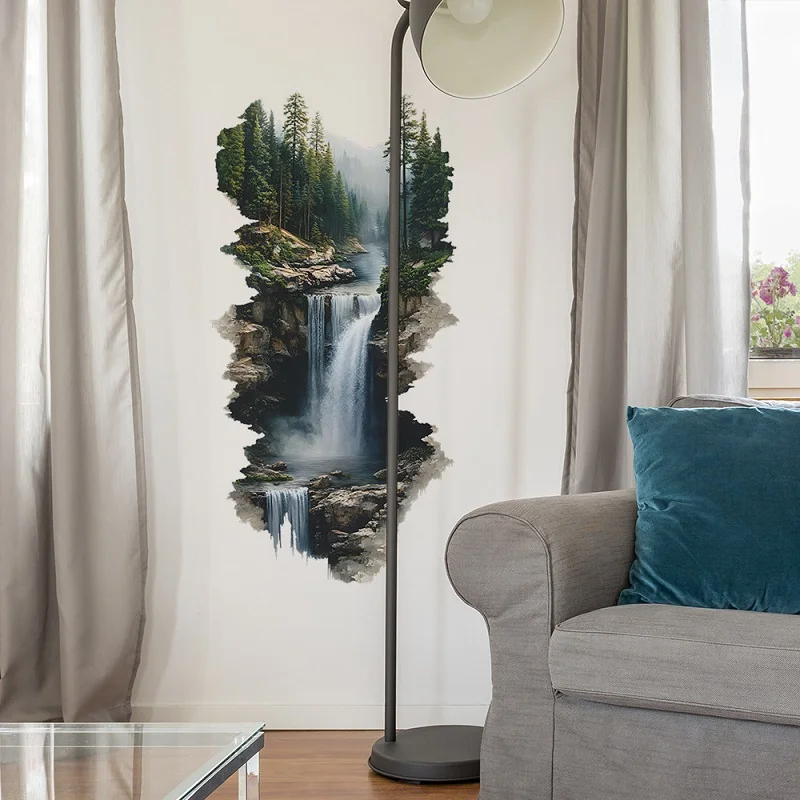 High Mountains and Flowing Water Waterfall Forest Wall Sticker Self-Adhesive PVC Bedroom Living Room Entryway Decor Wall Decals