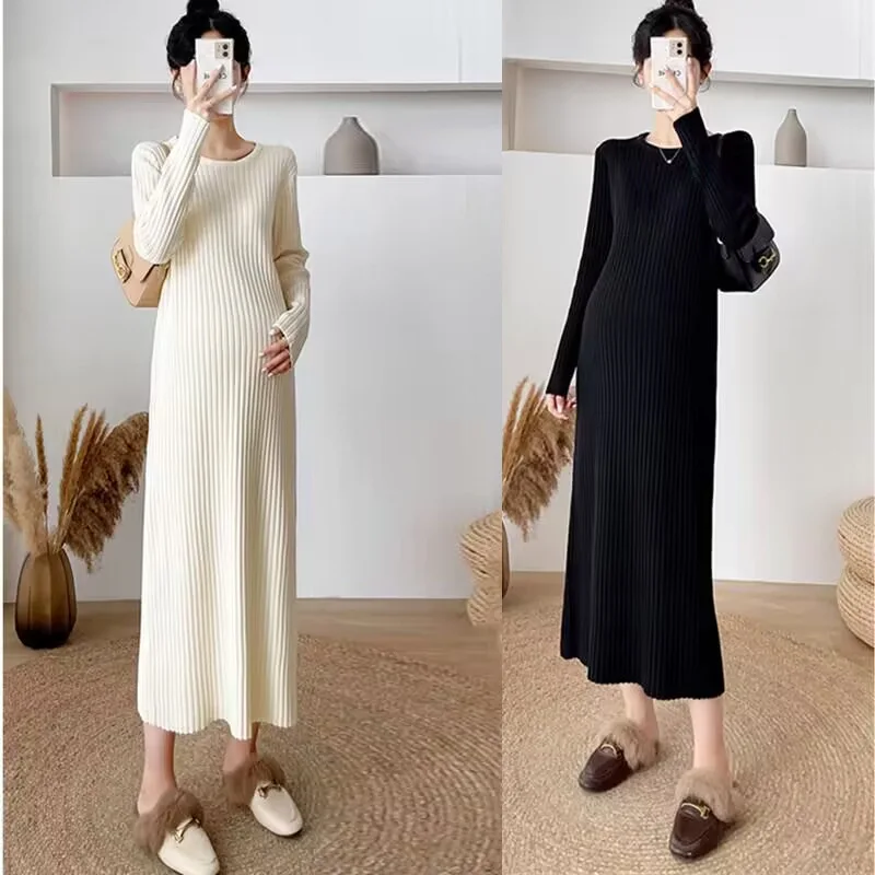 Autumn Winter Korean Fashion Knitted Maternity Sweaters Dress Elegant A Line Slim Clothes for Pregnant Women Hot Pregnancy