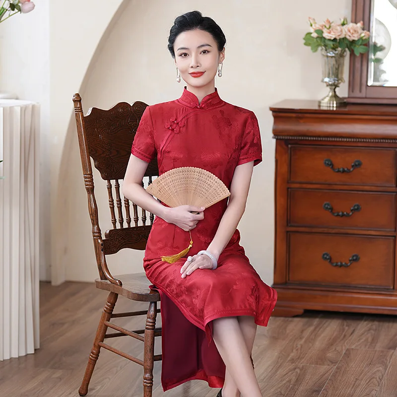 

Improved Quality Real Silk Cheongsam Qipao Women Vintage Dress Graceful Chinese Style Chi-Pao