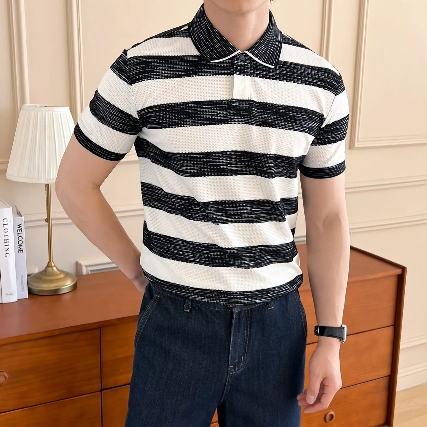 

Мужская летняя поло-рубашка из смесового хлопка в полоску, 57% хлопок, дышащая и влагоотводящая, с коротким рукавом, для делового повседневного стиля