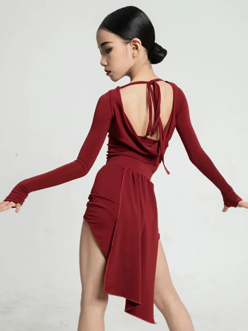 

Wine Red Kids Modern Dance Dress Backless Competition Performance Girls Children National Standard Social Dancewear Costume