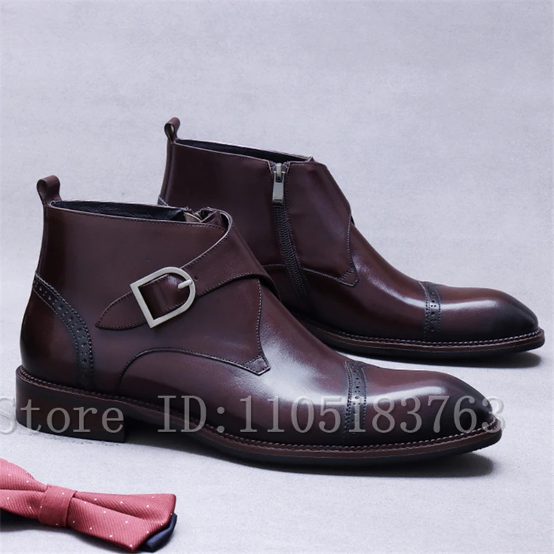 

British Style Light Luxury Formal Fashion Boots Men New Fashion Cowhide Side Zipper Buckle Decor Chelase Business Formal Boots
